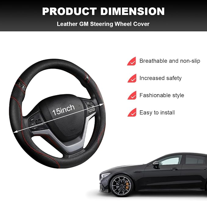 Car Steering Wheel Cover, 15 Inch Premium Leather Breathable Non-Slip Wheels Wrap, Universal Auto Comfortable Steering Wheel Protector for SUV Truck Van, Car Accessories (Black)