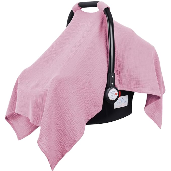 Metplus Muslin Car Seat Cover for Baby Girls, 100% Cotton Breathable Infant Carseat Canopy for Summer, Lightweight Stroller Sunshade Covers (Pale Pink)