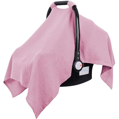 Metplus Muslin Car Seat Cover for Baby Girls, 100% Cotton Breathable Infant Carseat Canopy for Summer, Lightweight Stroller Sunshade Covers (Pale Pink)