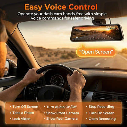 12" Mirror Dash Cam, 4K UHD Front and 2.5K Rear View Dash Camera for Car, with ADAS BSD LCA Smart Mode, GPS, G-Sensor, Loop Recording, Parking Monitor, Voice Control, 5.8GHz WiFi