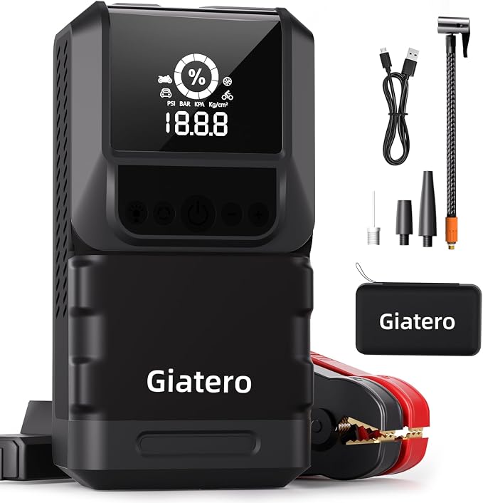 Q13 6000A Portable Car Jump Starter with Air Compressor 150PSI, Car Jumper Starter Portable(10.0L Gas/8.0L Diesel), 12V Jump Box with 3 Modes Flashlight & Jumper Cable, LCD Display Power Bank
