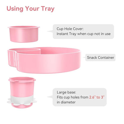 Car Seat Snack Tray: Travel Tray for Kids Carseat Cup Holder with Food Trays, Stroller Snacks Plate for Toddlers, Kid Road Trip Essentials, Pink