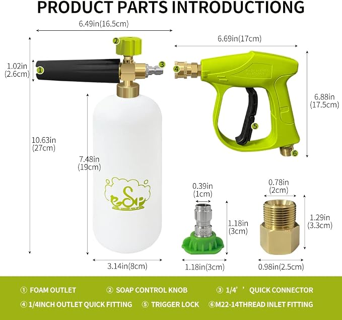 ESP Car Wash Foam Gun High Pressure Car Washer Household Water Gun Foam Generator Washing Blaster 5 Nozzle Tip M22 Adapter with 1 Liter Bottle Washing Mitts Towel