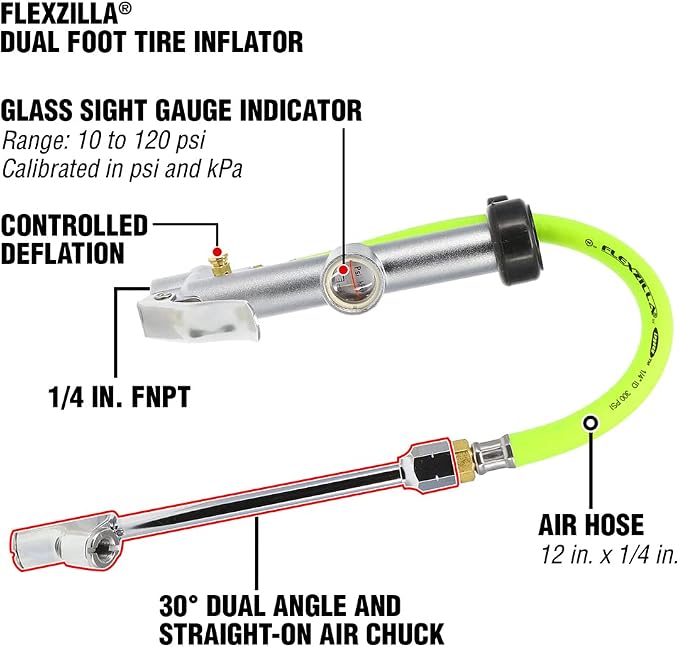 Flexzilla Dual Foot Tire Inflator with 12" Hose Glass Sight Gauge (10 to 120 psi)