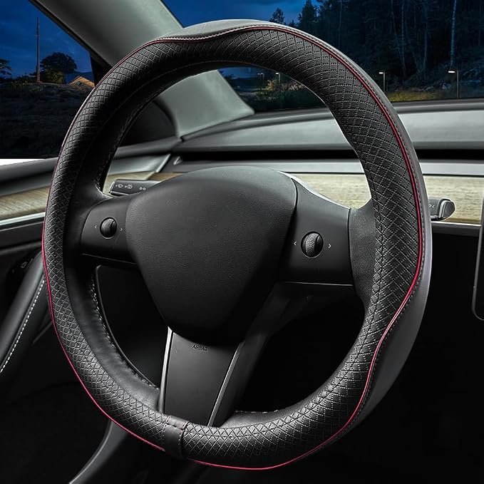 LKWLIKEI Nappa Leather Ultra-Thin Steering Wheel Cover, for Tesla Model 3/Y Steering Wheel Cover, Non-Slip Design and Interior Modification of car Accessories （Black and Red）