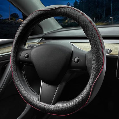 LKWLIKEI Nappa Leather Ultra-Thin Steering Wheel Cover, for Tesla Model 3/Y Steering Wheel Cover, Non-Slip Design and Interior Modification of car Accessories （Black and Red）
