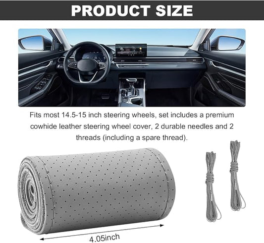 Wevdn Genuine Leather Steering Wheel Cover, Stitch on Wrap, DIY Sewing Steering Wheel Protector, 15 Inch Breathable Non-Slip Steering Wheel Protector, Car Accessories (Gray, Full Hole)