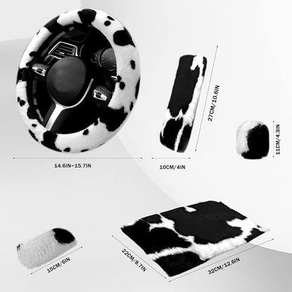 6PCS Set car Interior Aesthetic Accessories, Fluffy Cute Cows Steering Wheel Cover, armrest pad, seat Belt Cover,Gear Shift Cover, Fit Girly car