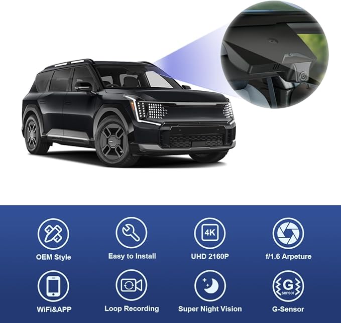Fitcamx 4K Dash Cam Suitable for Kia EV9 2023-2026 Wind Land GT-Line (Part No#DO000), OEM Factory Look, UHD 2160P Video, Built-in WiFi & APP, Loop Recording, G-Sensor, Easy to Install, 64GB Card