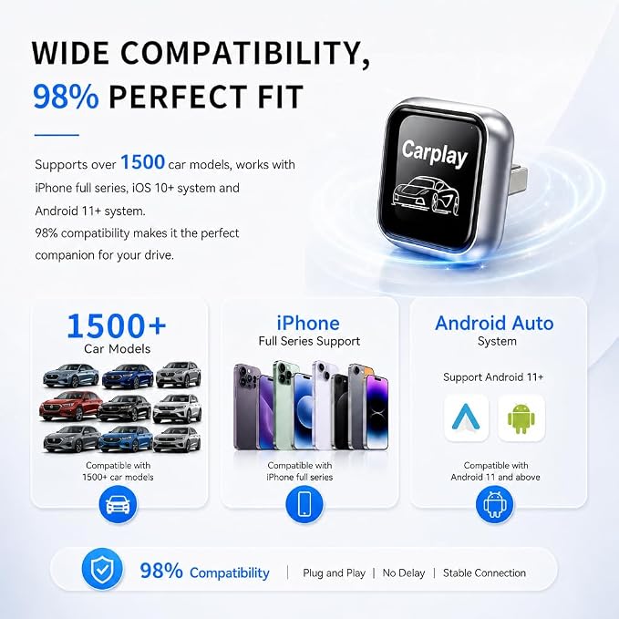 2-in-1 Wireless CarPlay Adapter for iPhone iOS & Android 11+, Plug and Play, Fast Auto-Connect, Realtek 8730E Chip Stable & No Latency, Wired to Wireless Adapter with USB-A/Type-C Port (CT106)