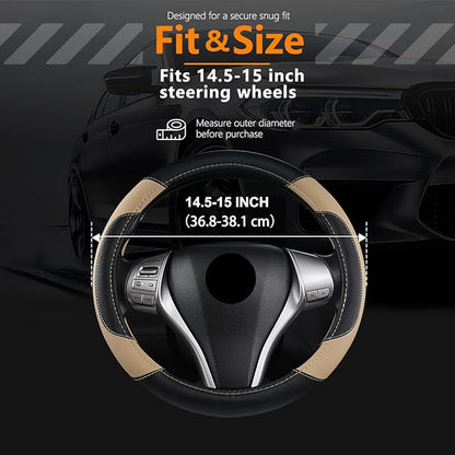 Leather Car Steering Wheel Cover, Non-Slip Car Wheel Cover Protector Breathable Microfiber Leather Universal Fit for Most Cars(Beige)
