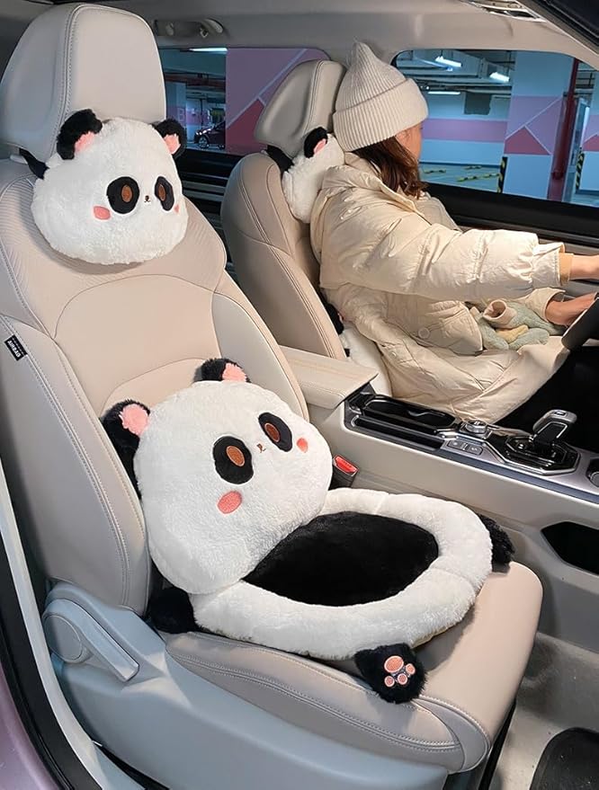 Cartoon Car Seat Cushion Lumbar Support Pillow and Neck Pillow, Cute Car Seat Pillow Headrest Pillow Back Support for Driving Fatigue Relief,for Office Chair Truck SUV (Rabbit Headrest)