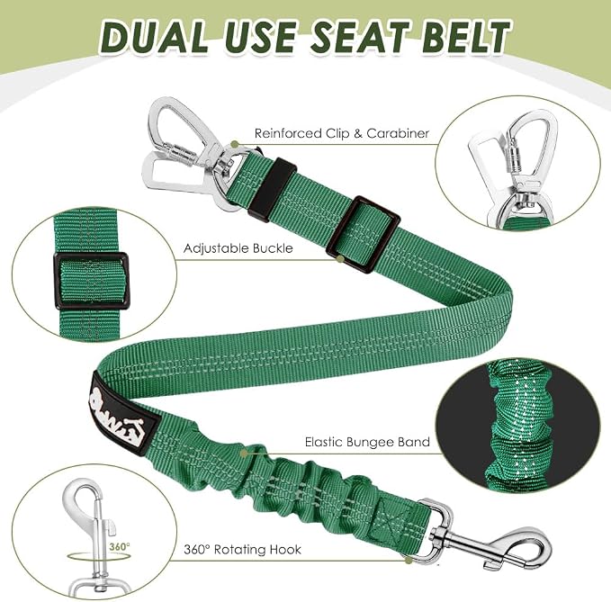 Lukovee Dog Car Harness Seat Belt, Adjustable Mesh Breathable Vest with Elastic Bungee Tether, Soft Padded 2-in-1 Safety Car Harness Seatbelt for Small Medium Large Dogs (Green,M)