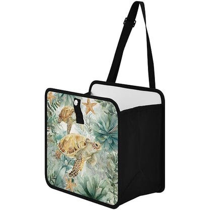 Car Trash Can Organizer Bin with Adjustable Strap for Back Front Seat Console Waterproof Leakproof Collapsible Portable 8.66 Inch Sea Turtle Starfish Plants