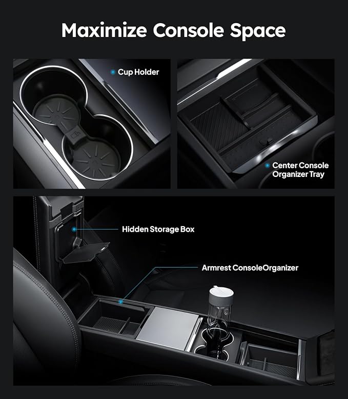 Wigoo Center Console Organizer for Tesla Model Y Juniper (Only Premium & Performance 2025 2026) and All Model 3 Highland Accessories [Double-Layer Storage, Smooth Sliding] 4PCS Black