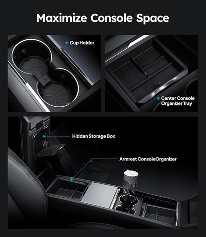 Wigoo Center Console Organizer for Tesla Model Y Juniper (Only Premium & Performance 2025 2026) and All Model 3 Highland Accessories [Double-Layer Storage, Smooth Sliding] 4PCS Black