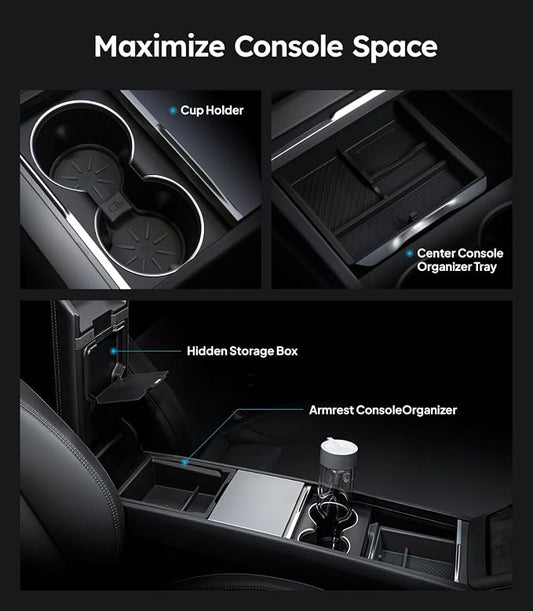 Wigoo Center Console Organizer for Tesla Model Y Juniper (Only Premium & Performance 2025 2026) and All Model 3 Highland Accessories [Double-Layer Storage, Smooth Sliding] 4PCS Black
