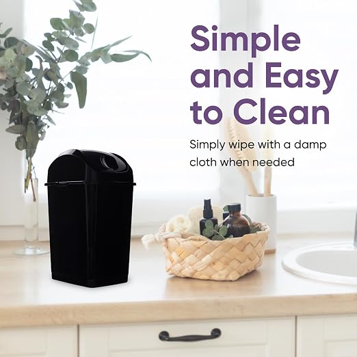 Superio Small 2.5 Gallon Plastic Trash Can with Swing Top Lid, Compact Slim Waste Bin for Under Desk, Office, Bedroom, Bathroom, Dorm Room, 10 Qt. Portable Garbage Can (Black, 2 Pack)