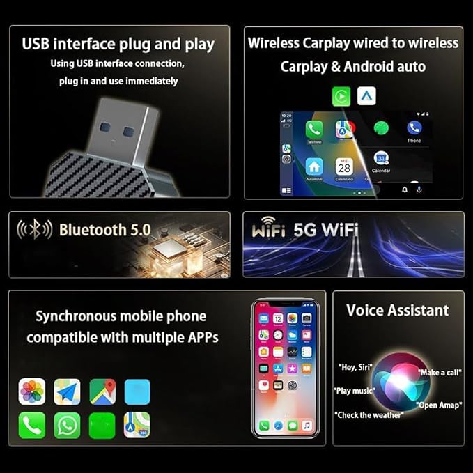 CarPlay Adapter, for Ford Bronco 2021-2024 Convert Wired to Wireless CarPlay, Plug and Play 2-in-1 CarPlay Fast & Stable Wireless Adapter,A-Silver