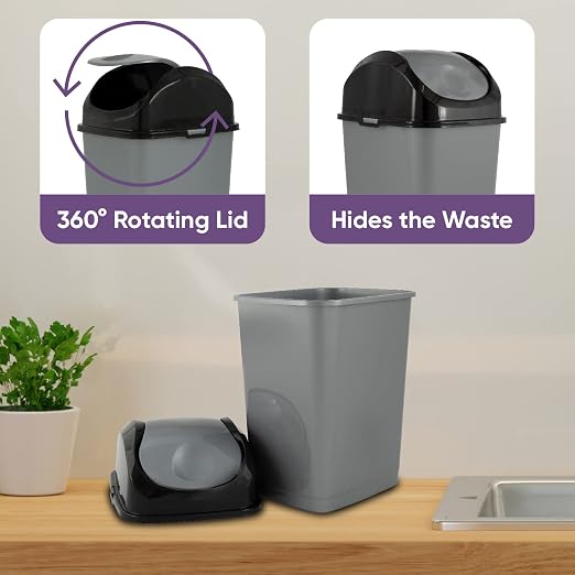 Superio Mini Plastic Trash Can with Swing Top Lid 1.25 Gallon Compact Small Waste Bin Portable Garbage Can for Countertop, Desktop, Make up Vanity, Bathroom, Car, Under Sink, Dorm 5 Qt (Grey/Black, 3)