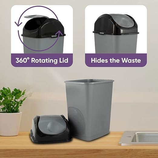 Superio Mini Plastic Trash Can with Swing Top Lid 1.25 Gallon Compact Small Waste Bin Portable Garbage Can for Countertop, Desktop, Make up Vanity, Bathroom, Car, Under Sink, Dorm 5 Qt (Grey/Black, 2)