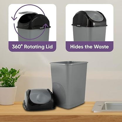 Superio Mini Plastic Trash Can with Swing Top Lid 1.25 Gallon Compact Small Waste Bin Portable Garbage Can for Countertop, Desktop, Make up Vanity, Bathroom, Car, Under Sink, Dorm 5 Qt (Grey/Black, 2)