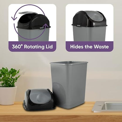 Superio Mini Plastic Trash Can with Swing Top Lid 1.25 Gallon Compact Small Waste Bin Portable Garbage Can for Countertop, Desktop, Make up Vanity, Bathroom, Car, Under Sink, Dorm 5 Qt. (Grey/Black