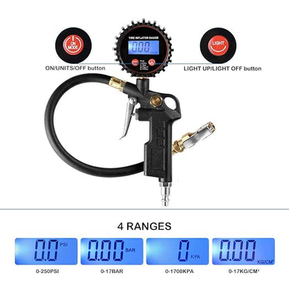 CZC AUTO Digital Tire Inflator Pressure Gauge, LED Display Tyre Deflator Gage with Straight Brass Lock-on Chuck Rubber Hose, Compatible with Air Pump Compressor for Truck Bus RV Car Motorcycle Bike