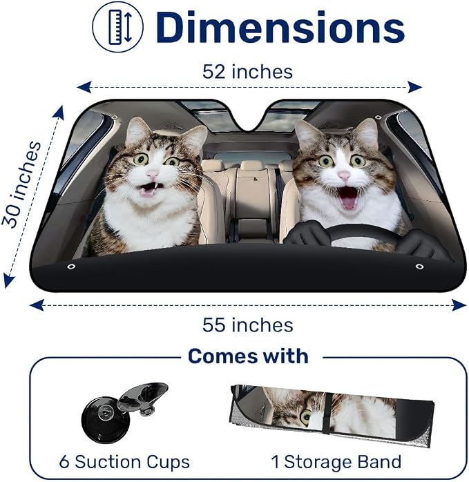 GENANY Funny Cat Windshield Cover for Car SUV Truck (55x30 Inches), Foldable Heat Shield, Shades for Front Windows, Protector Blocks UV, Car Decor