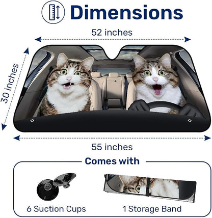 GENANY Funny Cat Windshield Cover for Car SUV Truck (55x30 Inches), Foldable Heat Shield, Shades for Front Windows, Protector Blocks UV, Car Decor