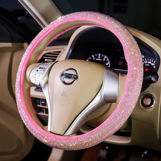 Carwales Car Steering Wheel Cover Pink for Women Girls Cute Bling Accessories 15 Inch Universal Colorful Crystal Rhinestone Diamond Rainbow Anti-Slip Wheel Protector