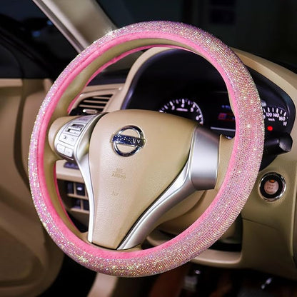 Carwales Car Steering Wheel Cover Pink for Women Girls Cute Bling Accessories 15 Inch Universal Colorful Crystal Rhinestone Diamond Rainbow Anti-Slip Wheel Protector