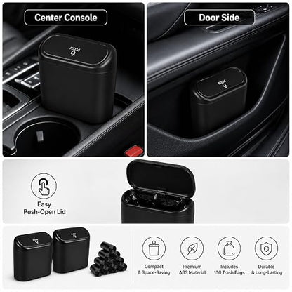 Mini Car Trash Can – Leakproof Vehicle Garbage Bin, 2-Pack with 150 Trash Bags, Portable Hanging Car Organizer for SUV & Sedan