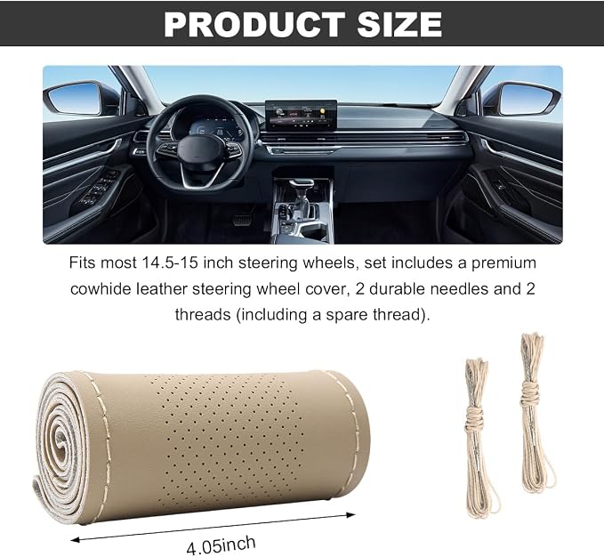 Wevdn Genuine Leather Steering Wheel Cover, Stitch on Wrap, DIY Sewing Steering Wheel Protector, 15 Inch Breathable Non-Slip Steering Wheel Protector, Car Accessories (Beige, Middle Hole)