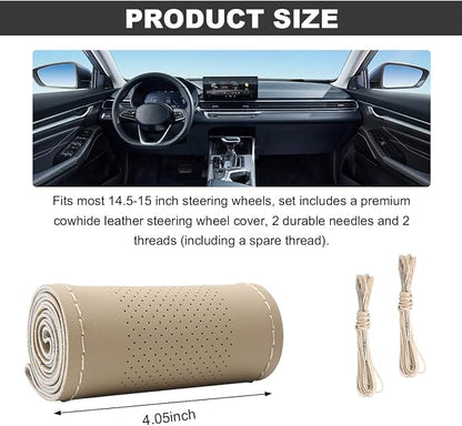 Wevdn Genuine Leather Steering Wheel Cover, Stitch on Wrap, DIY Sewing Steering Wheel Protector, 15 Inch Breathable Non-Slip Steering Wheel Protector, Car Accessories (Beige, Middle Hole)