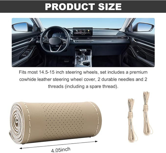 Wevdn Genuine Leather Steering Wheel Cover, Stitch on Wrap, DIY Sewing Steering Wheel Protector, 15 Inch Breathable Non-Slip Steering Wheel Protector, Car Accessories (Beige, Middle Hole)