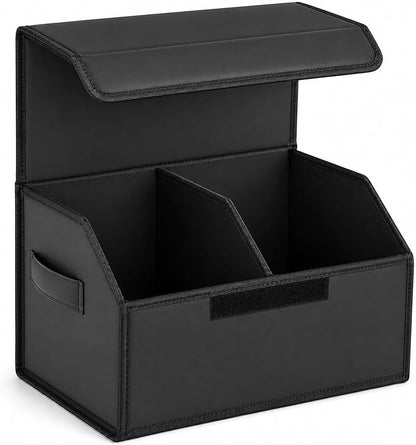 Car Trunk Organizer, Foldable Cargo Storage Box with Hook-and-Loop Lid, Suede & Faux Leather Trunk Organizer for SUV Sedan Truck, Adjustable Divider, Handles, Black, 19.7inches