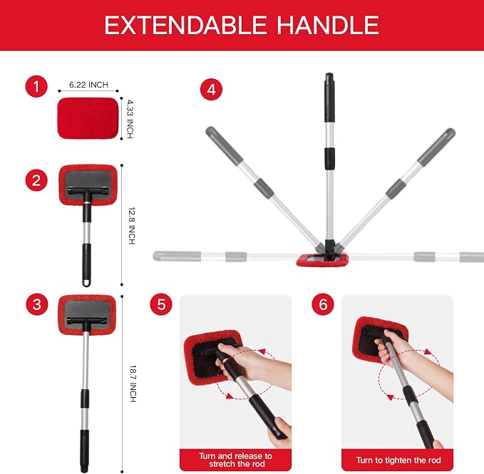 Qydipclin 11pcs Windshield Cleaner Tool, Car Window Cleaning Wash Kit with 6 Reusable Microfiber Pads 2 Spray Bottles and Extendable Handles Auto Glass Wiper Kit, Red