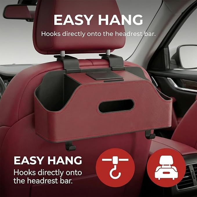 Car Backseat Headrest Organizer, Multifunctional 4-in-1 Back Seat Tissue Box with Cup Holders Hooks, Auto Seat Back Storage Organizer for Hold Phones, Drinks, Bags, Universal Fit (Red)