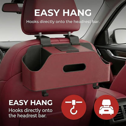Car Backseat Headrest Organizer, Multifunctional 4-in-1 Back Seat Tissue Box with Cup Holders Hooks, Auto Seat Back Storage Organizer for Hold Phones, Drinks, Bags, Universal Fit (Red)