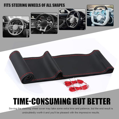 Wevdn Genuine Leather Steering Wheel Cover, Stitch on Wrap, DIY Sewing Steering Wheel Protector, 15 Inch Breathable Non-Slip Steering Wheel Protector, Car Accessories (Black&Red, Glossy)