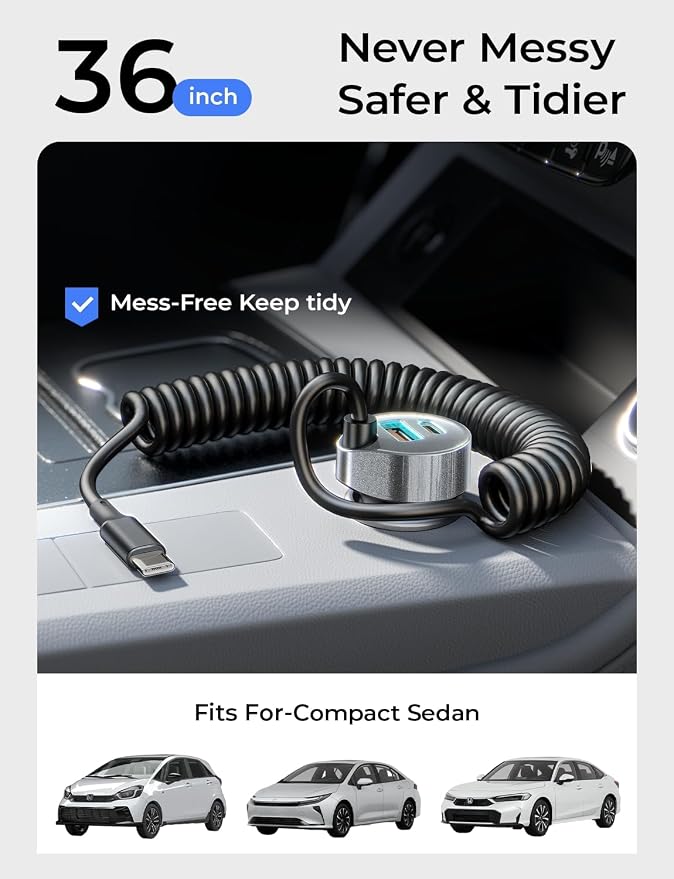 LISEN Car Charger with 45W Built-in USB-C 36 inch Coiled Cable, 90W Multi-Port Fast Charging Cigarette Lighter Adapter for iPhone 17/16/15 Pro Max, Samsung Galaxy S26 Ultra, Black | Car Charger USB C Fast Charge Adapter,Super Fast for Men Women, Car Ac...