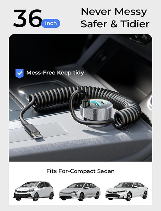 LISEN Car Charger with 45W Built-in USB-C 36 inch Coiled Cable, 90W Multi-Port Fast Charging Cigarette Lighter Adapter for iPhone 17/16/15 Pro Max, Samsung Galaxy S26 Ultra, Black | Car Charger USB C Fast Charge Adapter,Super Fast for Men Women, Car Ac...