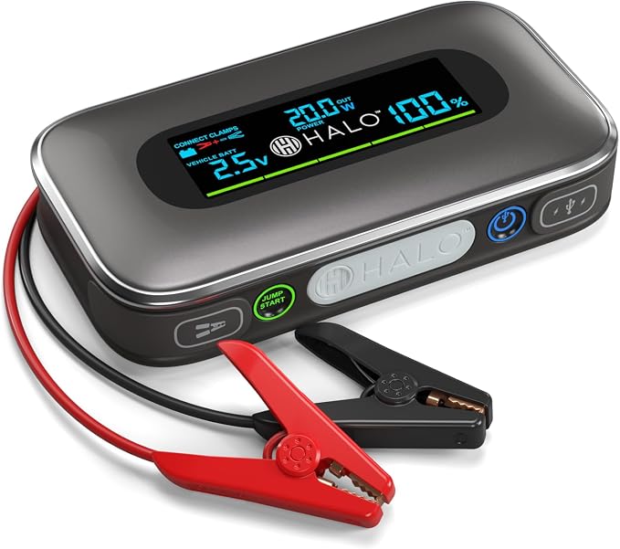 Halo Bolt 1500A Car Battery Jump Starter with Large Digital Screen, Portable 12V Lithium Battery Jump Starter, Portable Power Bank, 3-Mode LED Flashlight, Safe & Simple Design, TSA Approved - Black
