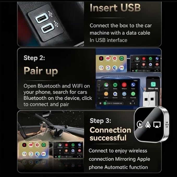2026 Upgrade 3 in 1 Wireless CarPlay Adapter - Wired to Wireless Screen Mirror & Audio Link for iOS/Android, 2.4/5GHz WiFi & Bluetooth 5.0, Fast Stable Connection, Mini Design, Plug and Play