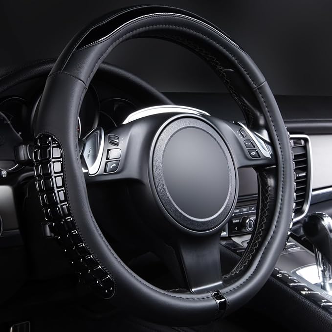 Flying Banner car Steering Wheel Cover Gel Massage Velvet Cool Warm Universal Size 15 inches SUV Truck Anti Slip Odorless Summer Winter (Black Black, Gel Massage)