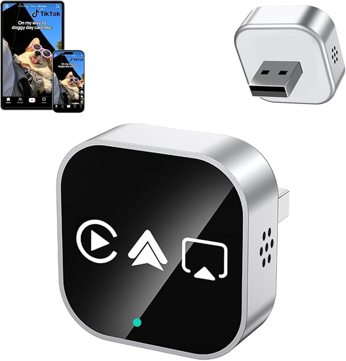 4-in-1 Wireless CarPlay & Android Auto Adapter – AirPlay & Miracast Media Hub – Seamless for Mixed Families – 5.8GHz Low-Latency & Auto-Connect – Factory Wired Cars Only (Silver)