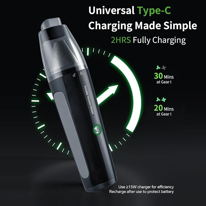 Car Vacuum, Handheld Vacuum Cordless 22000Pa Suction with 2 Suction Modes, 2-in-1 Portable Mini Car Vacuum Cleaner Cordless Vacuum Rechargeable Type-C Charge for Car, Office Desk, Keyboards（Black)