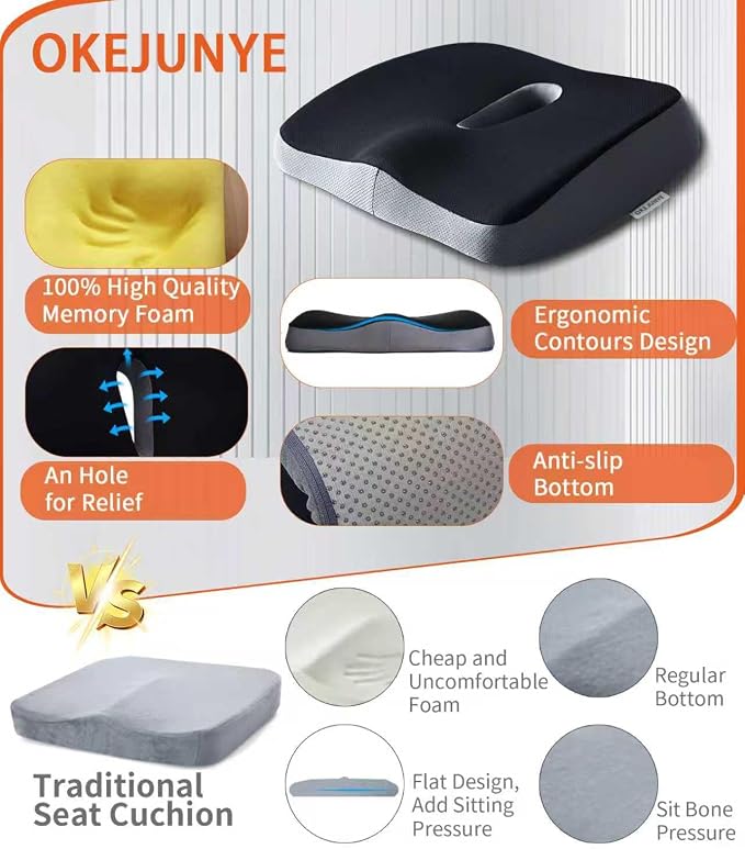 Memory Foam Seat Cushion, Large Office Chair Cushions Chair Pad for Tailbone Sciatica Coccyx Lower Back Pain Relief, Orthopedic Butt Pillow for Desk Chair Car Wheelchair Long Sitting (Black)