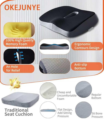 Memory Foam Seat Cushion, Large Office Chair Cushions Chair Pad for Tailbone Sciatica Coccyx Lower Back Pain Relief, Orthopedic Butt Pillow for Desk Chair Car Wheelchair Long Sitting (Black)